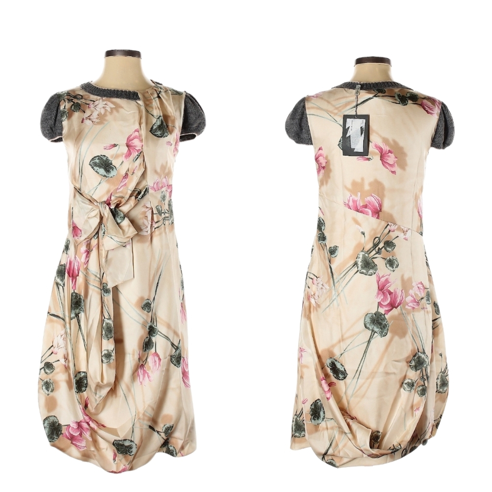 Sportmax Defile Floral Silk Dress With Wool Knit Cap Sleeves US Size 2